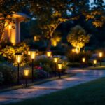 A photograph of a beautifully landscaped yard illuminated by various styles of solar lights at dusk