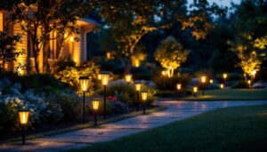 A photograph of a beautifully landscaped yard illuminated by various styles of solar lights at dusk