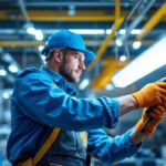 A photograph of a lighting contractor expertly installing or adjusting t8 ballasts in a commercial or industrial setting