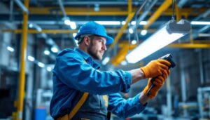 A photograph of a lighting contractor expertly installing or adjusting t8 ballasts in a commercial or industrial setting