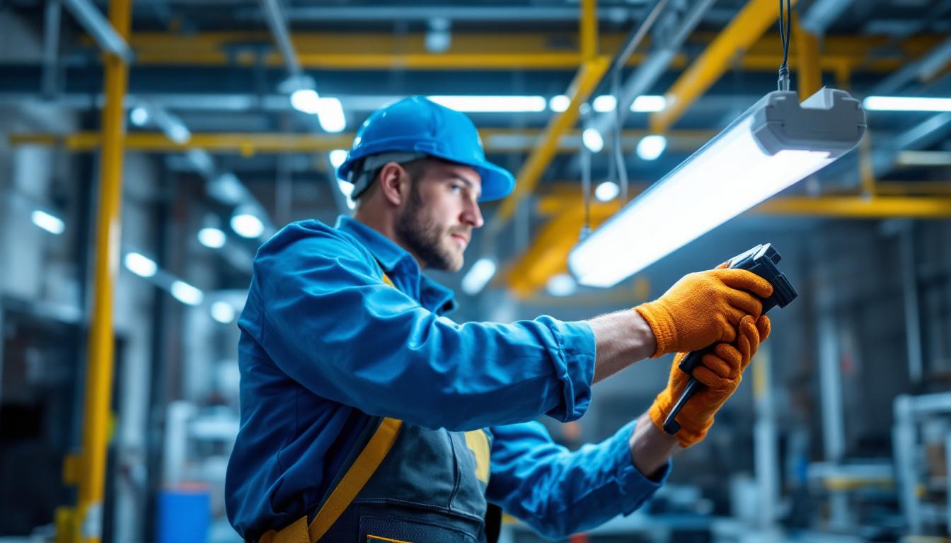 A photograph of a lighting contractor expertly installing or adjusting t8 ballasts in a commercial or industrial setting