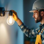 A photograph of a lighting contractor installing wall light bulbs in a stylish interior setting