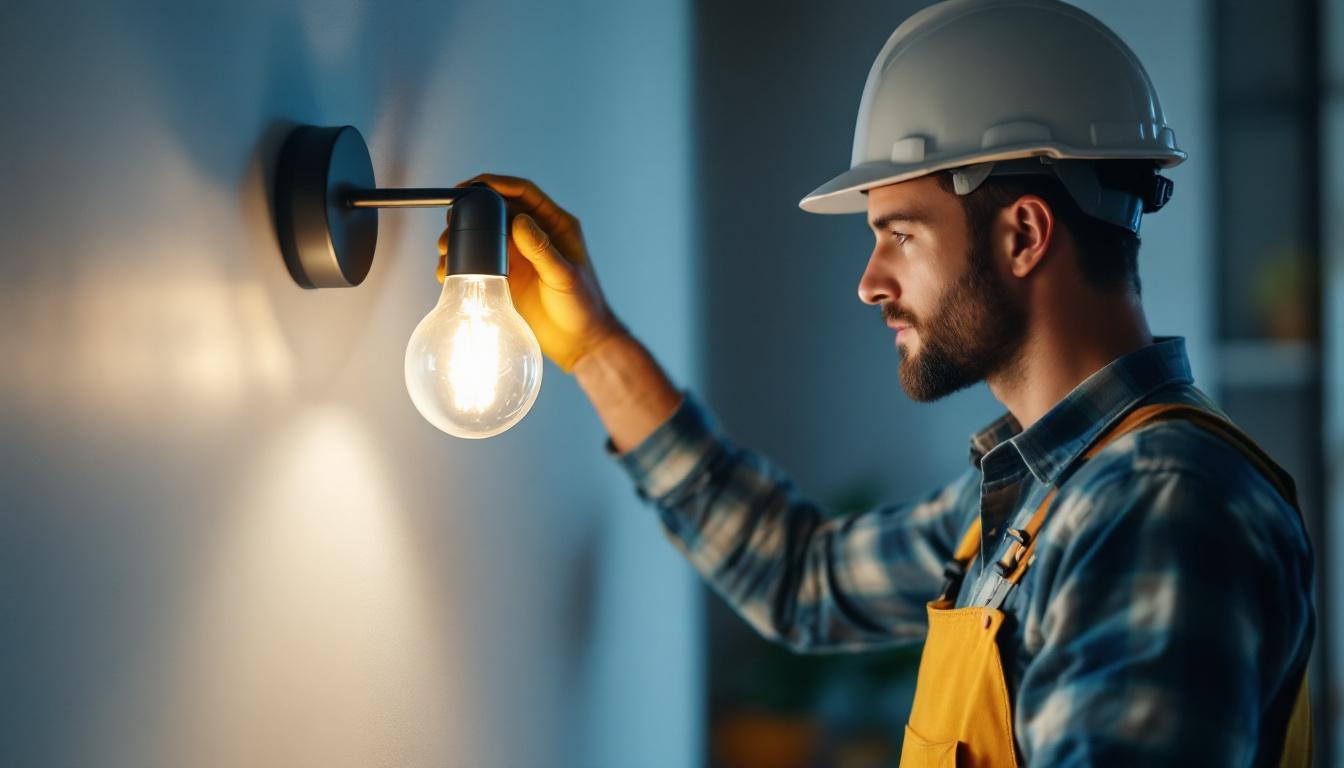 A photograph of a lighting contractor installing wall light bulbs in a stylish interior setting