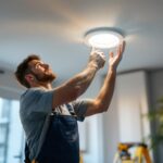 A photograph of a lighting contractor installing a 5-inch recessed led light in a modern home setting