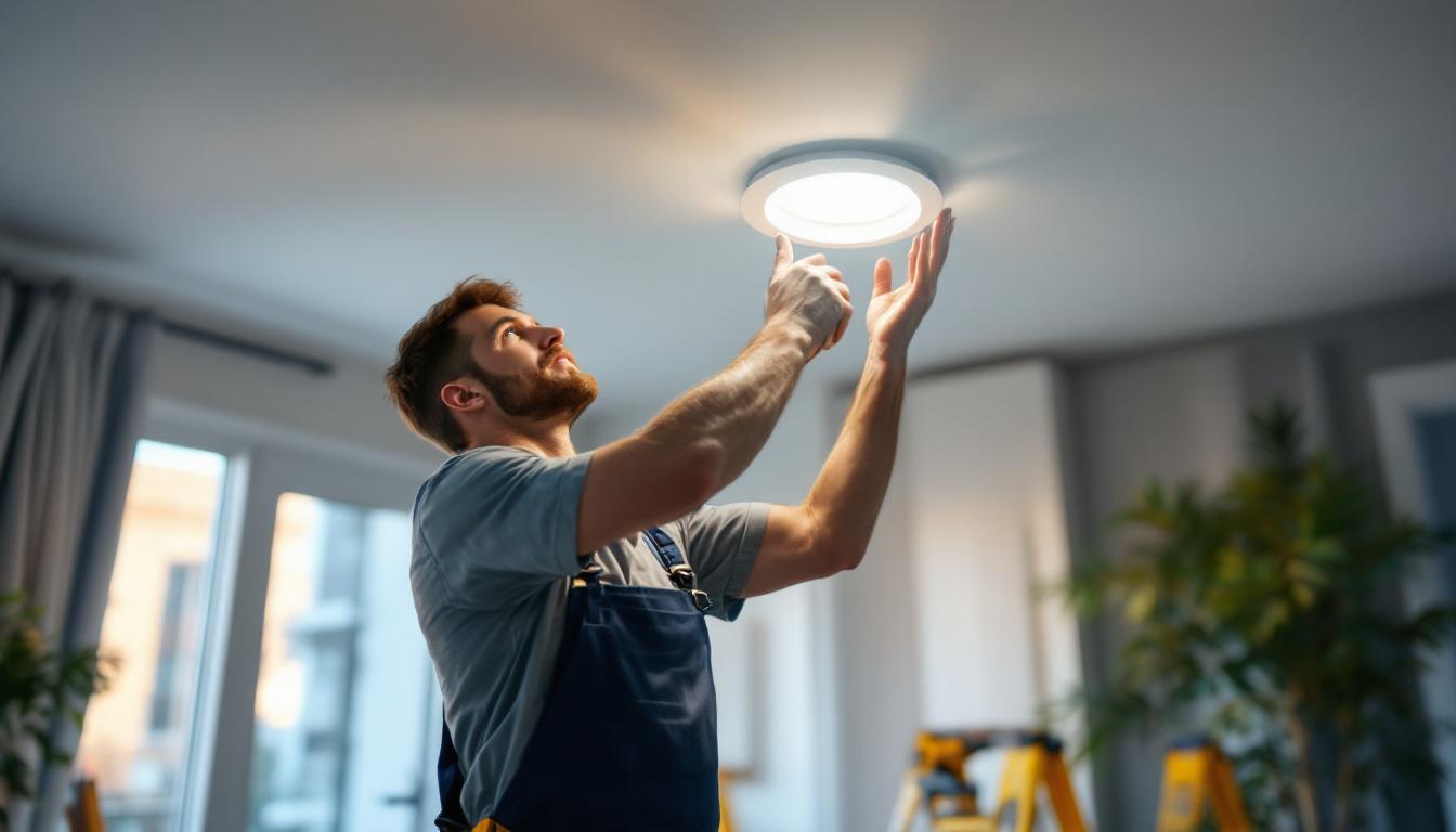A photograph of a lighting contractor installing a 5-inch recessed led light in a modern home setting