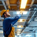 A photograph of a lighting contractor installing an emergency light ceiling system in a commercial space
