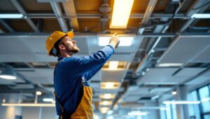 A photograph of a lighting contractor installing an emergency light ceiling system in a commercial space