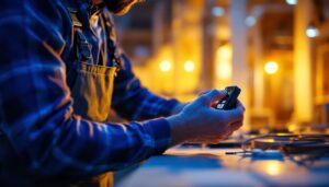 A photograph of a lighting contractor adjusting a 1000w led dimmer in a well-lit workspace