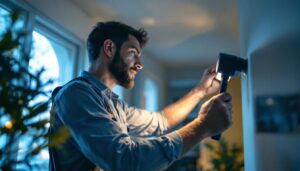 A photograph of a lighting contractor installing or adjusting a modern