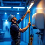 A photograph of a professional lighting contractor measuring the height of a hand dryer in a commercial restroom