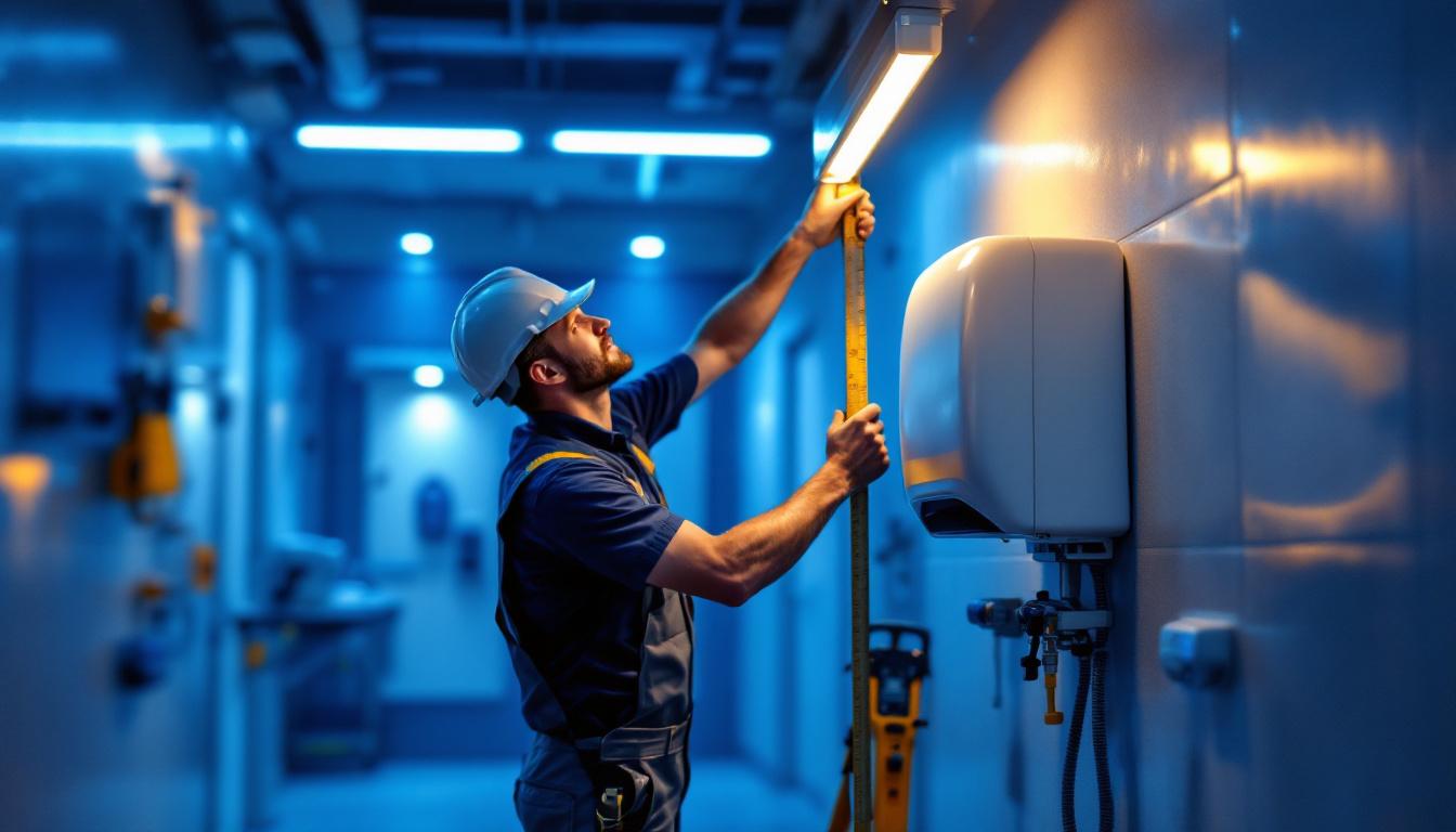 A photograph of a professional lighting contractor measuring the height of a hand dryer in a commercial restroom