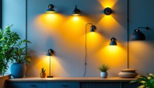 A photograph of a stylishly designed interior space showcasing various wall-mounted lights in different styles and settings