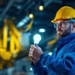 A photograph of a lighting contractor installing or examining f54t5ho bulbs in a commercial setting