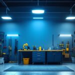 A photograph of a well-lit garage featuring stylish flush mount led lights