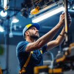 A photograph of a lighting contractor in action