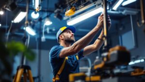 A photograph of a lighting contractor in action