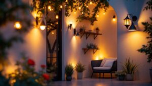 A photograph of a beautifully illuminated outdoor space featuring various styles of bracket lights installed on walls