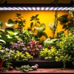 A photograph of a well-lit indoor gardening setup featuring a variety of thriving plants under affordable grow lights