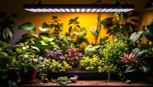 A photograph of a well-lit indoor gardening setup featuring a variety of thriving plants under affordable grow lights
