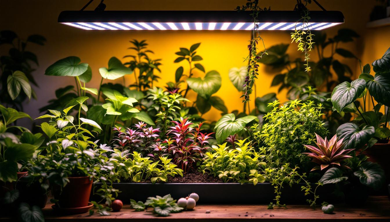 A photograph of a well-lit indoor gardening setup featuring a variety of thriving plants under affordable grow lights