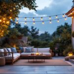 A photograph of a beautifully arranged outdoor patio illuminated by a string of warm