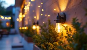 A photograph of a beautifully illuminated outdoor wall featuring stylish small lighting fixtures