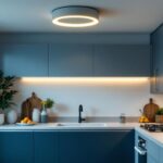 A photograph of a beautifully designed kitchen featuring a stylish flush mount light fixture