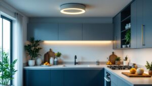 A photograph of a beautifully designed kitchen featuring a stylish flush mount light fixture