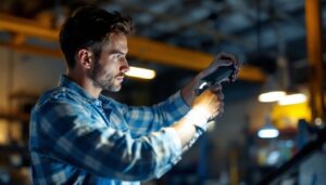 A photograph of a lighting contractor adjusting a sleek