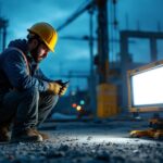 A photograph of a lighting contractor in action