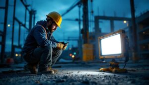 A photograph of a lighting contractor in action