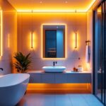 A photograph of a beautifully illuminated bathroom showcasing various lumens levels in lighting fixtures