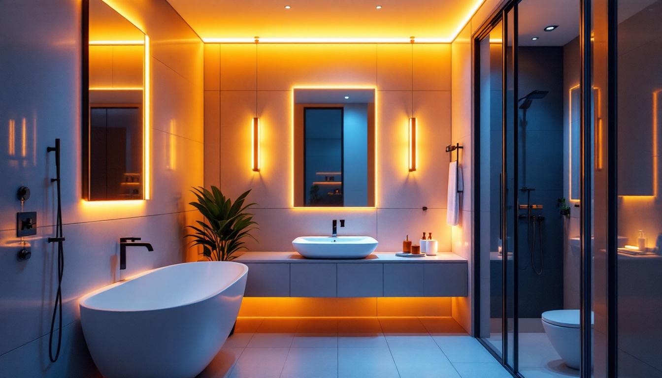 A photograph of a beautifully illuminated bathroom showcasing various lumens levels in lighting fixtures