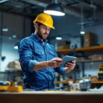 A photograph of a lighting contractor installing bluetooth-enabled shop lights in a well-lit workspace