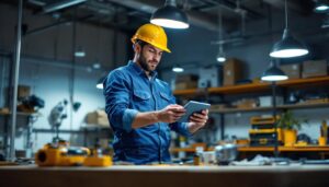 A photograph of a lighting contractor installing bluetooth-enabled shop lights in a well-lit workspace