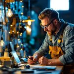 A photograph of a skilled lighting contractor examining various switches and string lights in a well-lit workspace