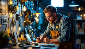 A photograph of a skilled lighting contractor examining various switches and string lights in a well-lit workspace