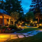 A photograph of a beautifully illuminated outdoor space showcasing professional landscape lighting kits in action