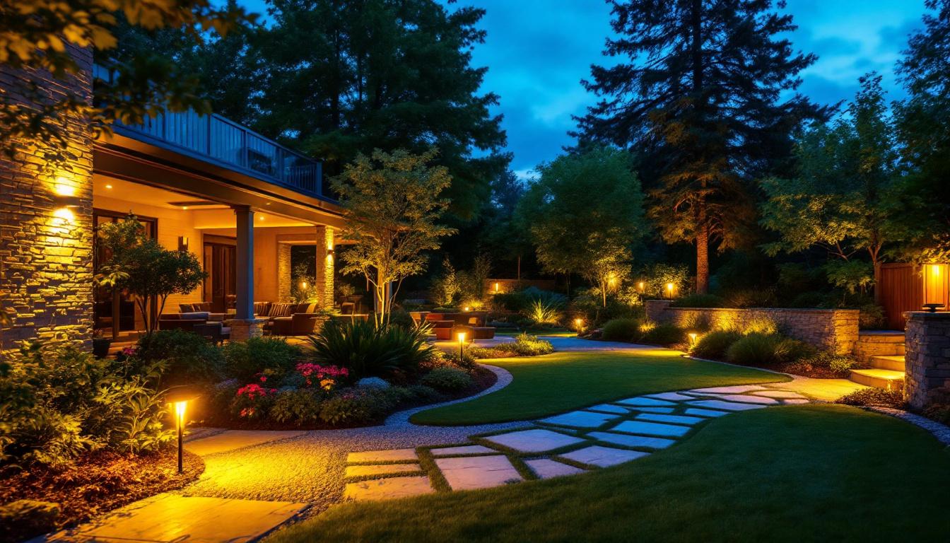 A photograph of a beautifully illuminated outdoor space showcasing professional landscape lighting kits in action
