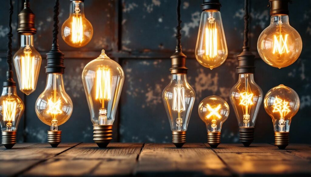 A photograph of a beautifully arranged display of vintage antique light bulbs