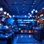 A photograph of a well-lit shop interior showcasing various lighting fixtures and displays
