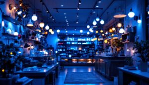 A photograph of a well-lit shop interior showcasing various lighting fixtures and displays