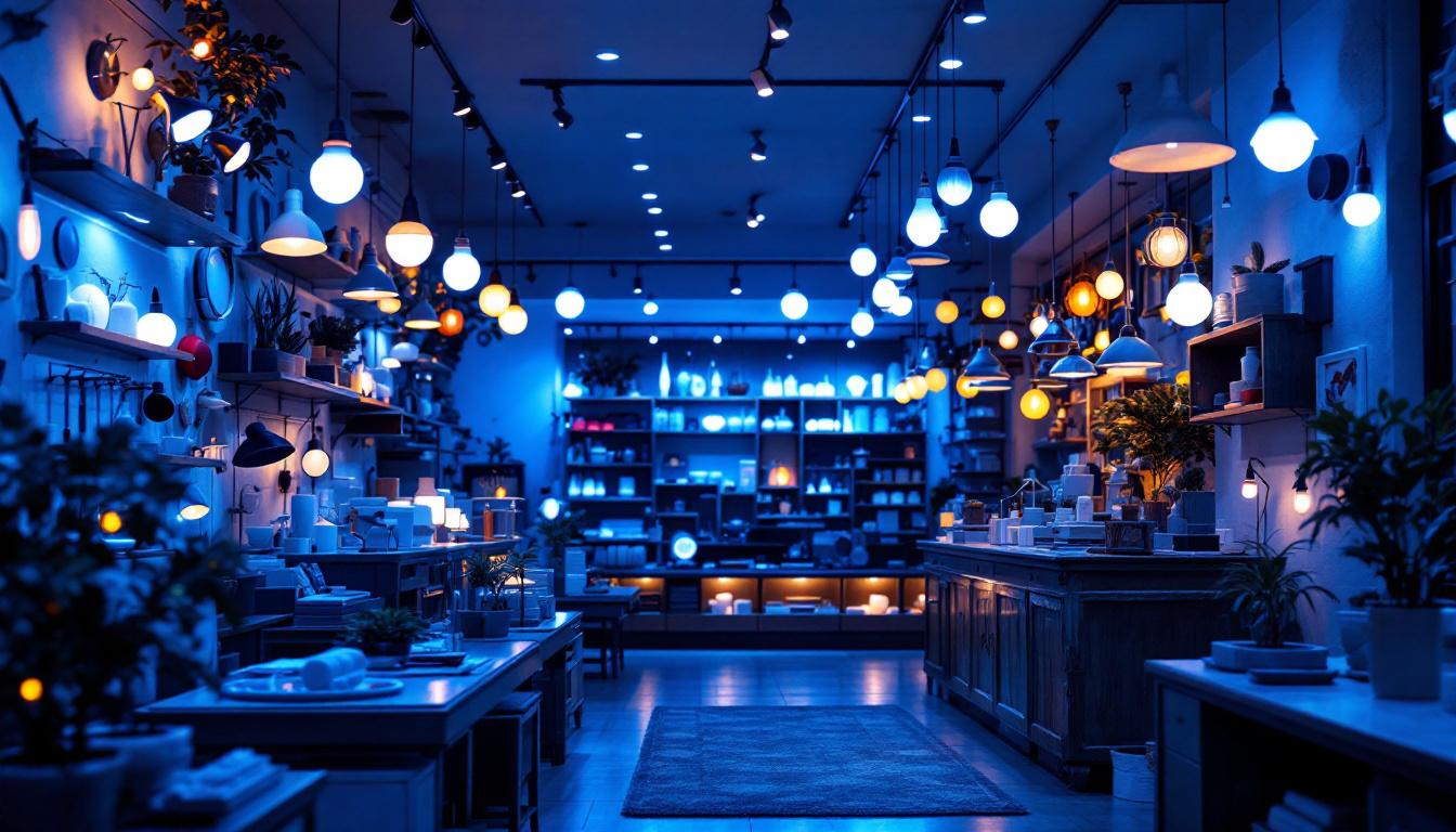 A photograph of a well-lit shop interior showcasing various lighting fixtures and displays