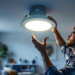 A photograph of a lighting contractor installing a sleek