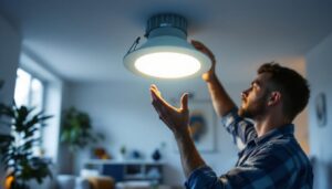 A photograph of a lighting contractor installing a sleek