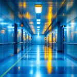 A photograph of a well-lit corridor featuring various lighting fixtures that highlight compliance standards