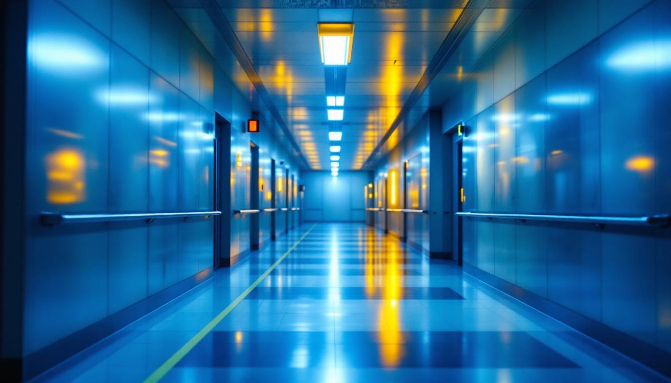 A photograph of a well-lit corridor featuring various lighting fixtures that highlight compliance standards