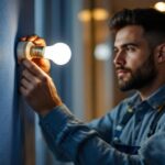 A photograph of a lighting contractor installing a gu24 base bulb in a modern residential setting
