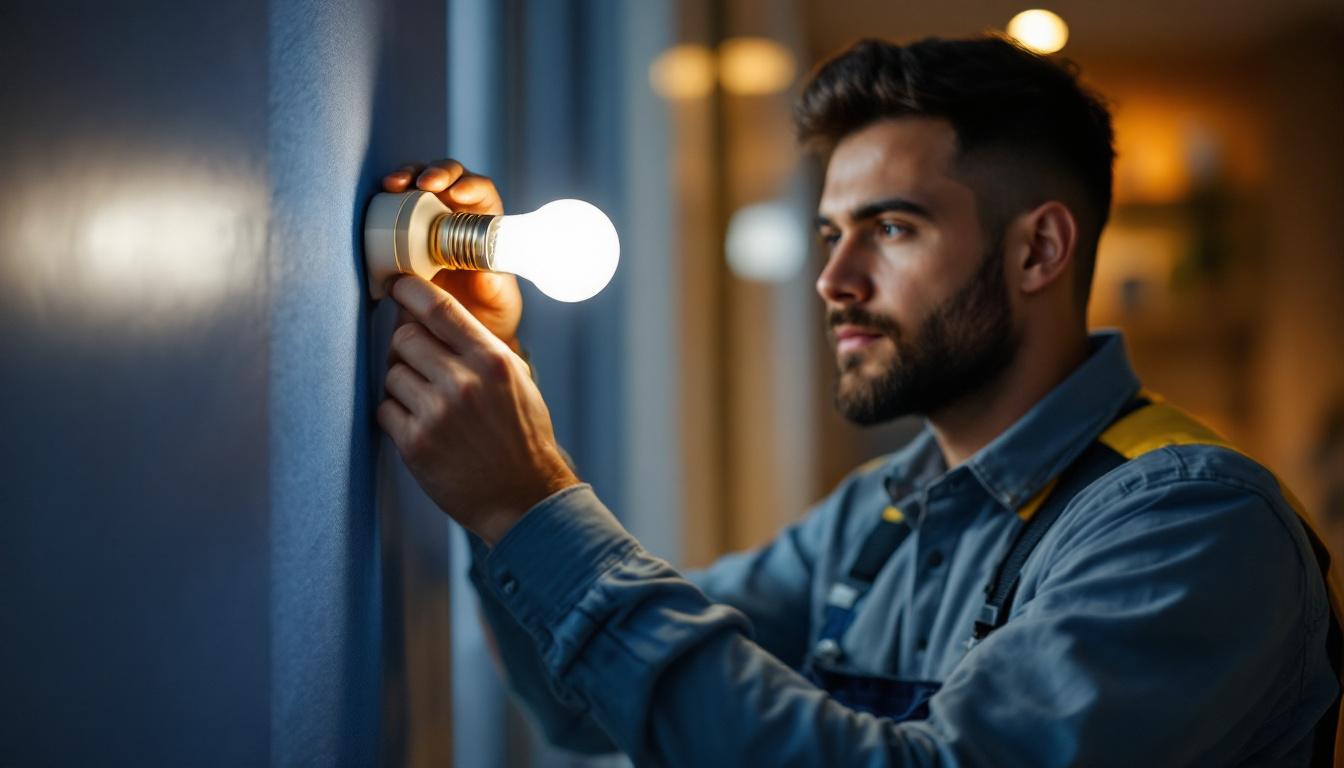 A photograph of a lighting contractor installing a gu24 base bulb in a modern residential setting