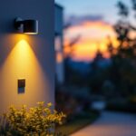 A photograph of a modern outdoor lighting setup featuring an automatic dusk to dawn light switch in action